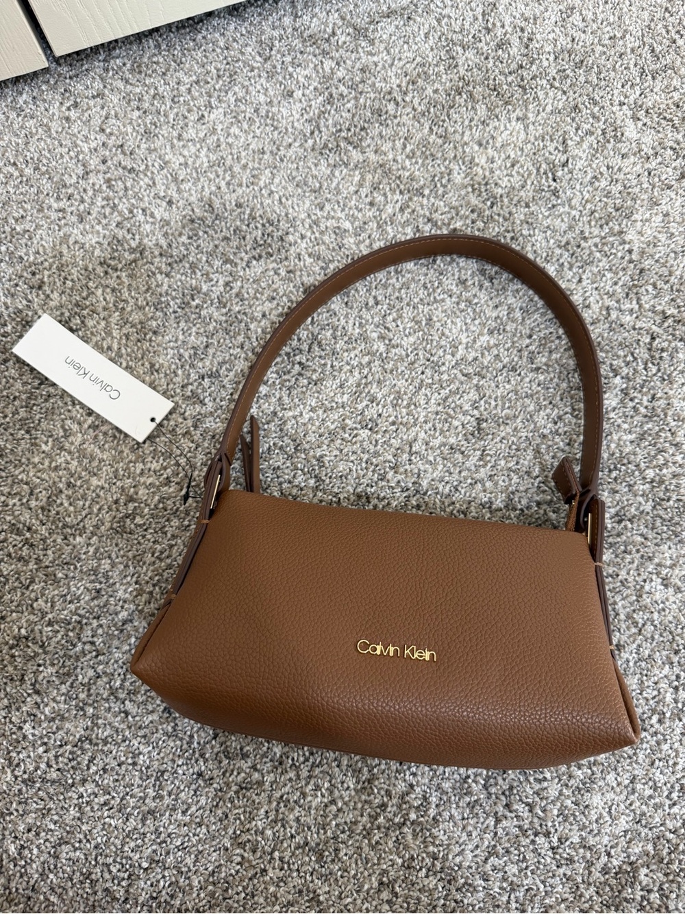 Calvin Klein Cognac Pebbled Leather Shoulder Bag